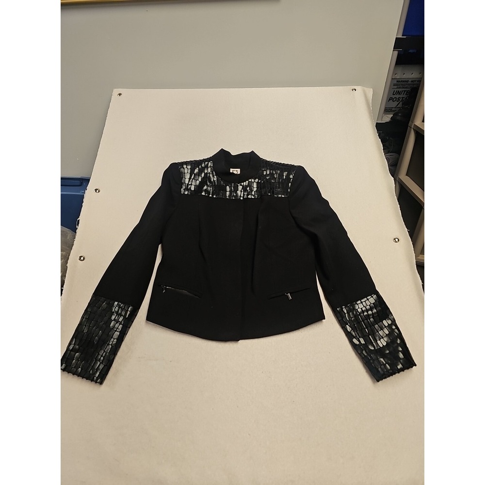 Anne Klein Women Black Faux Croc Trim Zip Blazer Jacket Size 10 Mock Neck Pocket